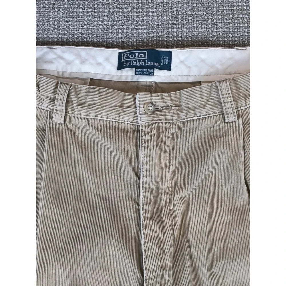 Polo Ralph Lauren Hammond Pant Mens Tan Corduroy Pleated Cuffed Trousers Fits 36